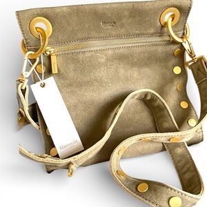 Hammitt Tony Medium Pewter Leather Crossbody Bag Brushed Gold Stud Hardware NWT